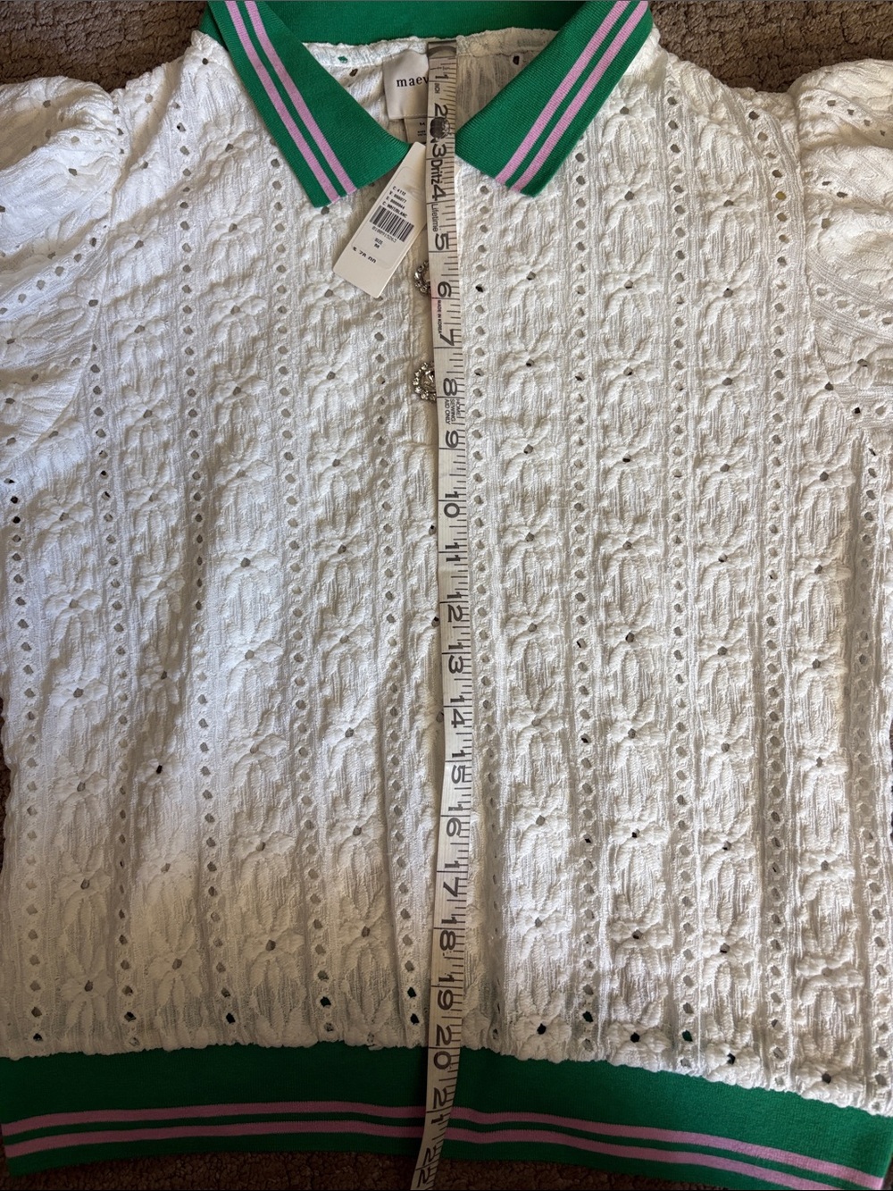 Anthropologie Maeve Puff Sleeve Lace Polo in White Green Size Medium New Tag - Picture 7 of 13